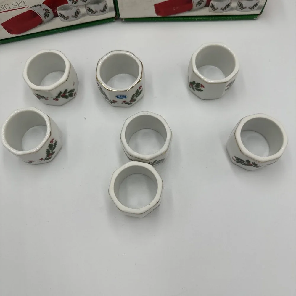 Vintage Mervyns Christmas Napkin Ring Set Fine Porcelain 7 Piece Set Holly Berry